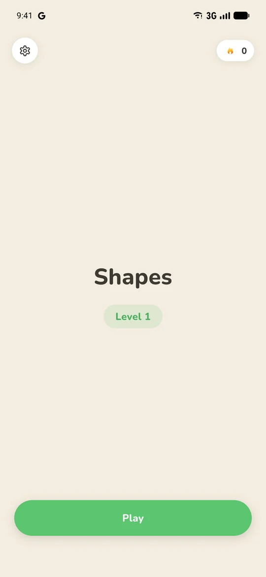 Shapes: Startbildschirm mit Level 1 und Play-Knopf