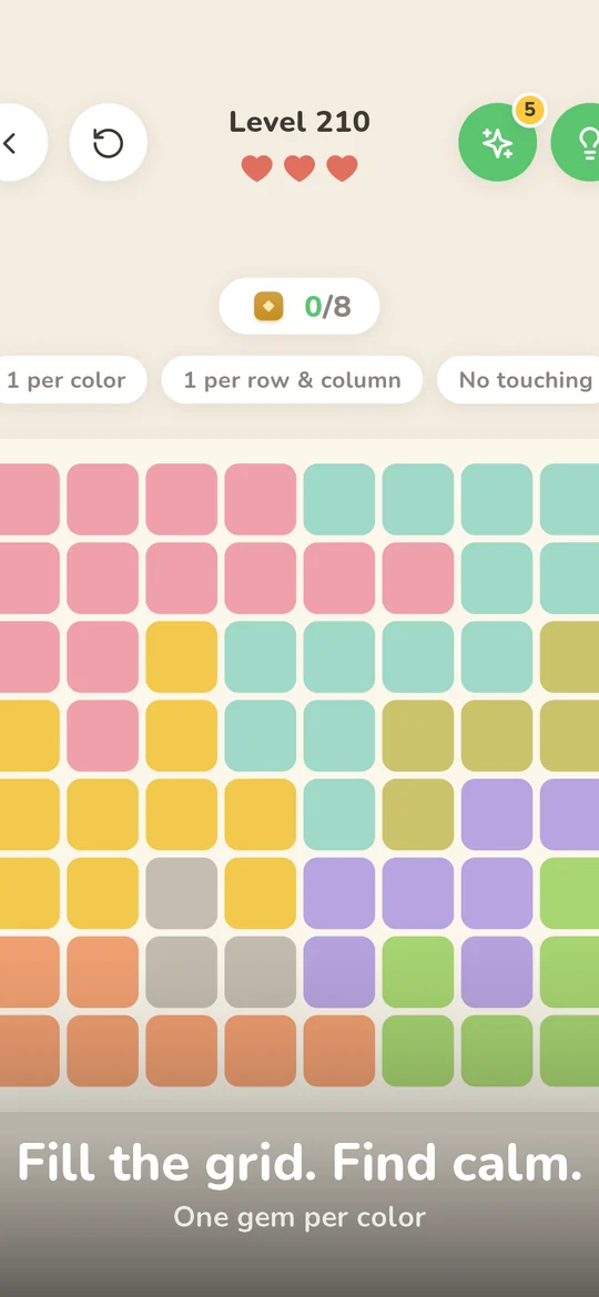 Tiles: Level 210, ein farbiges Raster mit den Regeln darüber